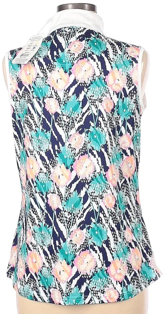 New Pebble Beach Floral Sleeveless Golf Polo in Navy, Green & Pink Size L MSP$50