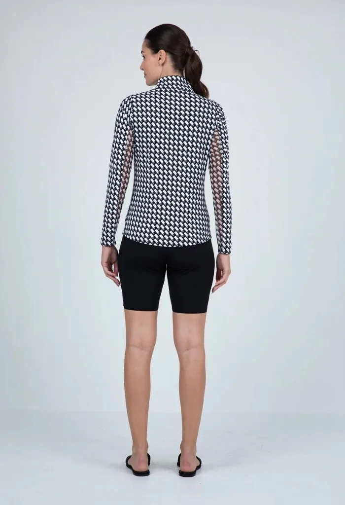 New Women's Ibkul Brooke Print Long Sleeve Zip Mock Golf Top.- Black