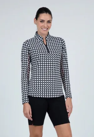 New Women's Ibkul Brooke Print Long Sleeve Zip Mock Golf Top.- Black