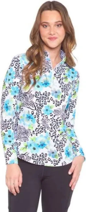 New Women's Ibkul Eva Print Long Sleeve Zip Mock Sun Shirt Size S. MSP$100