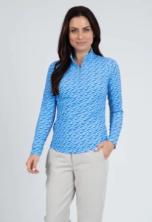 New Women's Ibkul Fatima Print Long Sleeve Zip Mock Sun Shirt - Blue