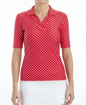 New Women's Tzu Tzu Daisy Poppy Dotty Golf Top - Red - MSP$99