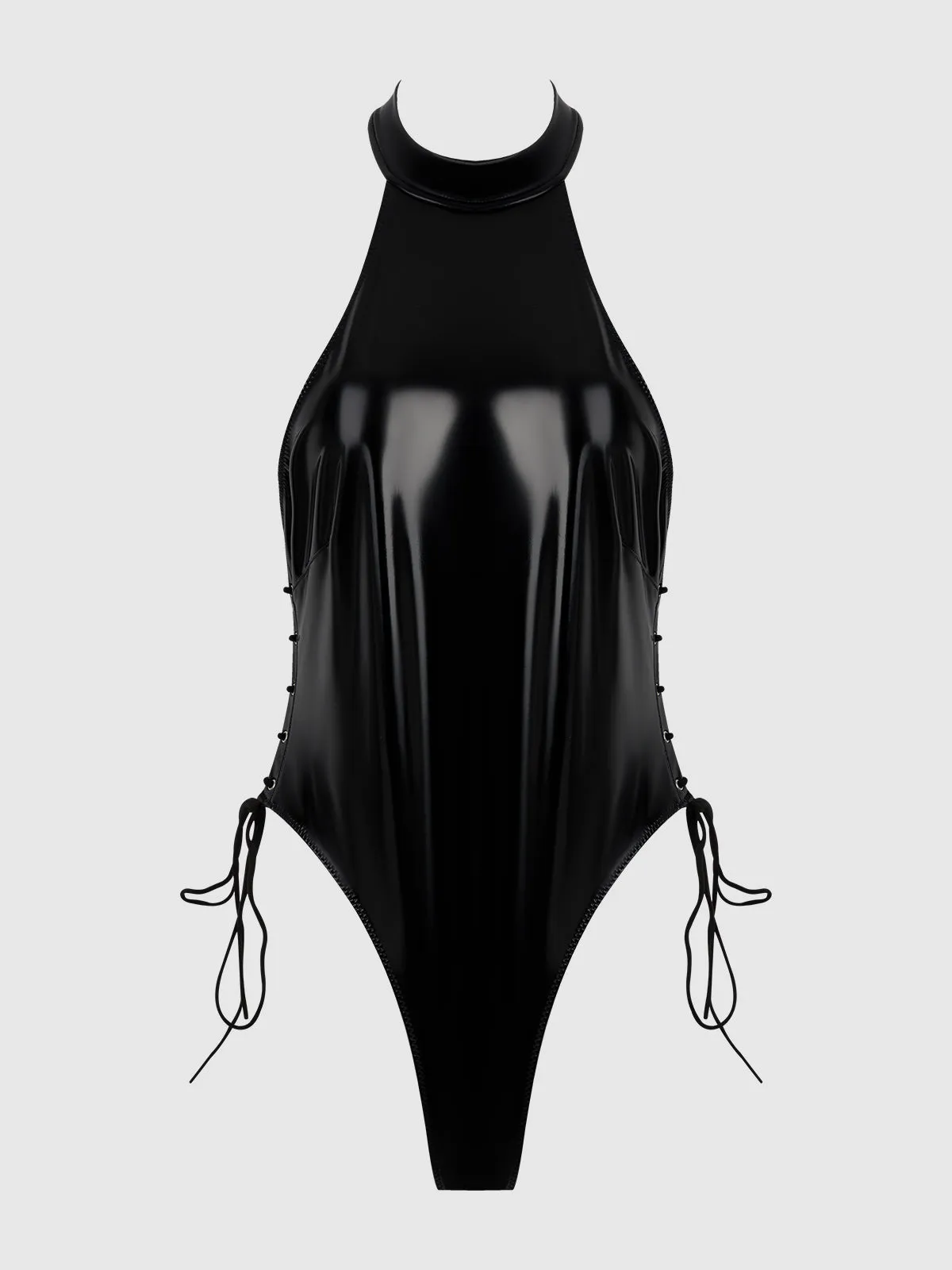 Phoenix Patent Grommet Lace Up Side Halter Neck Teddy by Frederick's of Hollywood