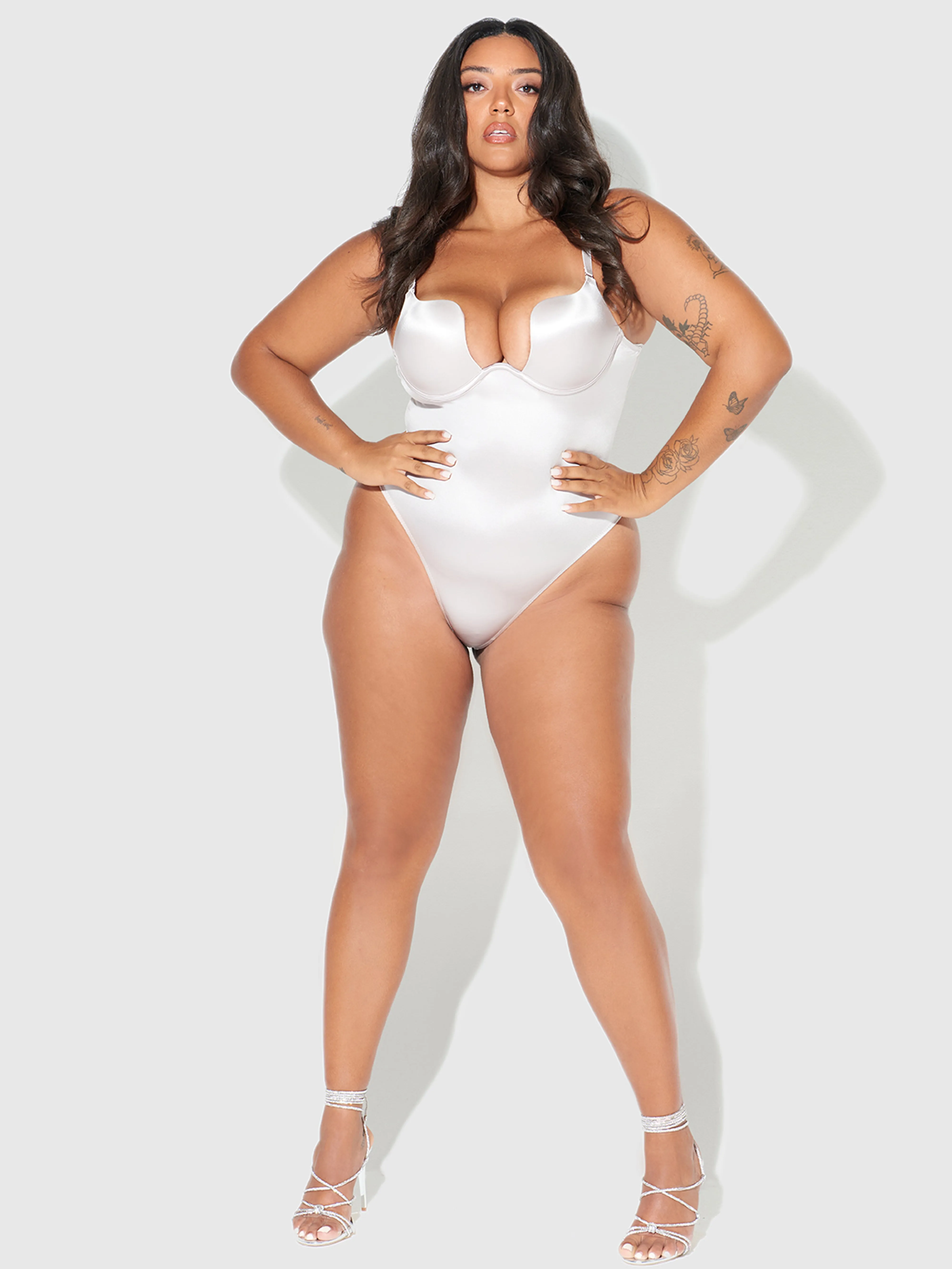 Rising Star Plunge Push Up Bodysuit in Liquid Satin by Frederick's of Hollywood