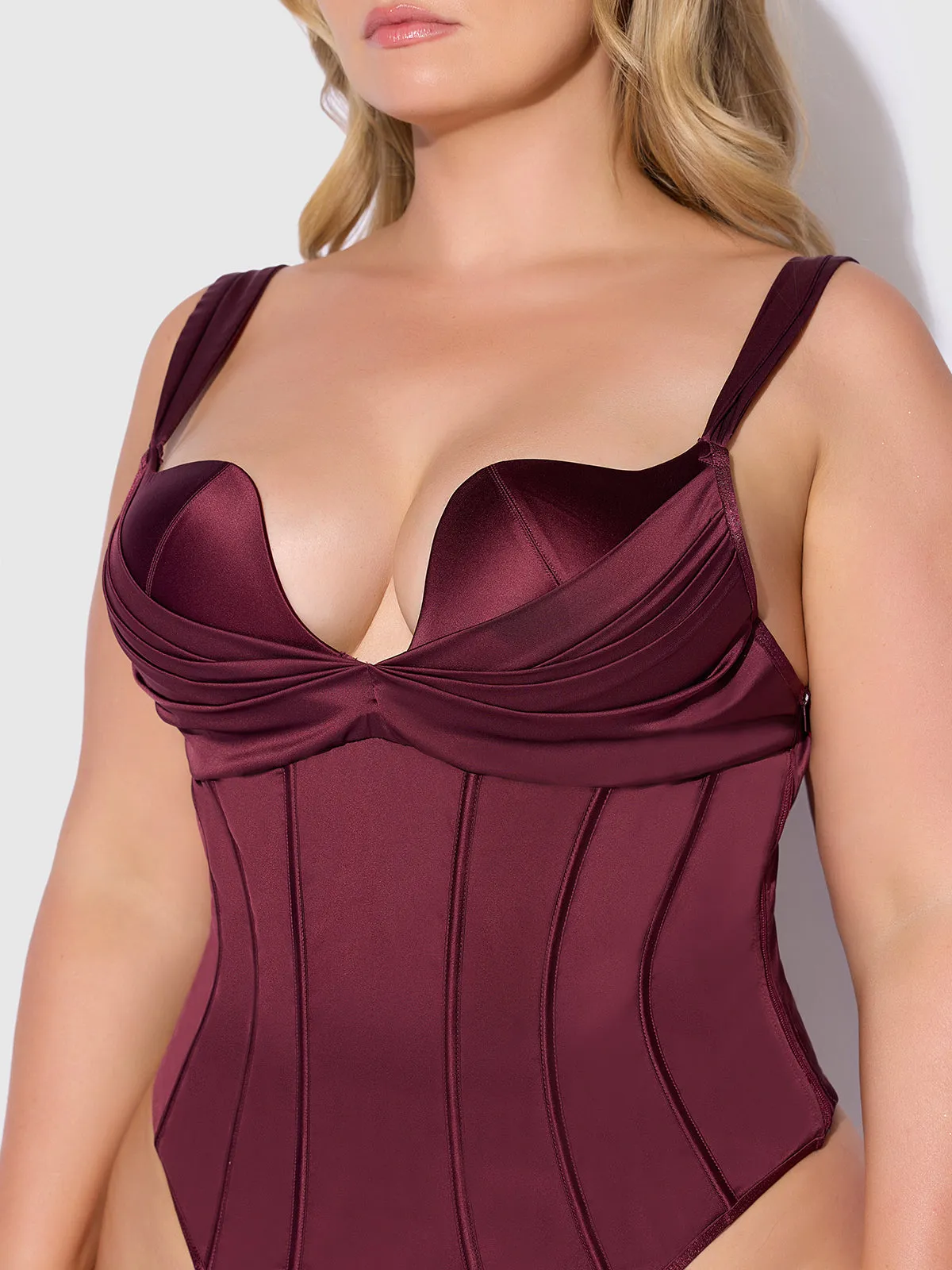 Rising Star Plunge Push Up Corseted Teddy in Petra Satin by Frederick's of Hollywood