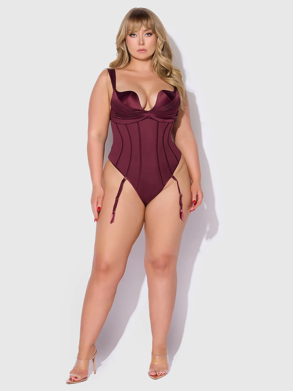 Rising Star Plunge Push Up Corseted Teddy in Petra Satin by Frederick's of Hollywood