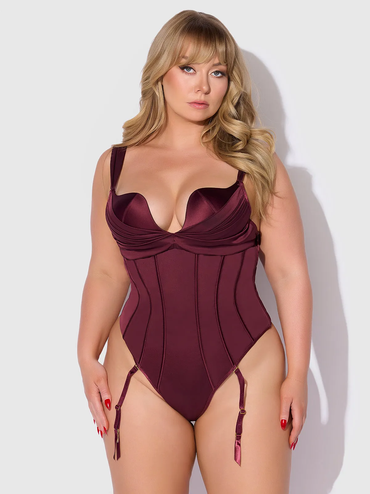 Rising Star Plunge Push Up Corseted Teddy in Petra Satin by Frederick's of Hollywood