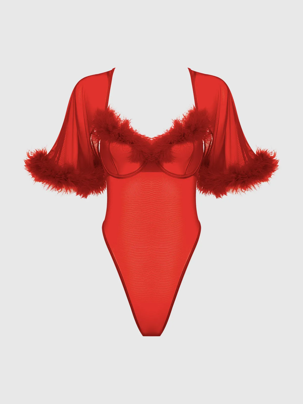 Scarlett Bell Sleeved Marabou Bodysuit by Frederick's of Hollywood