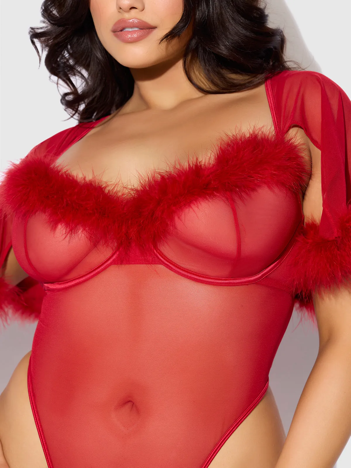 Scarlett Bell Sleeved Marabou Bodysuit by Frederick's of Hollywood