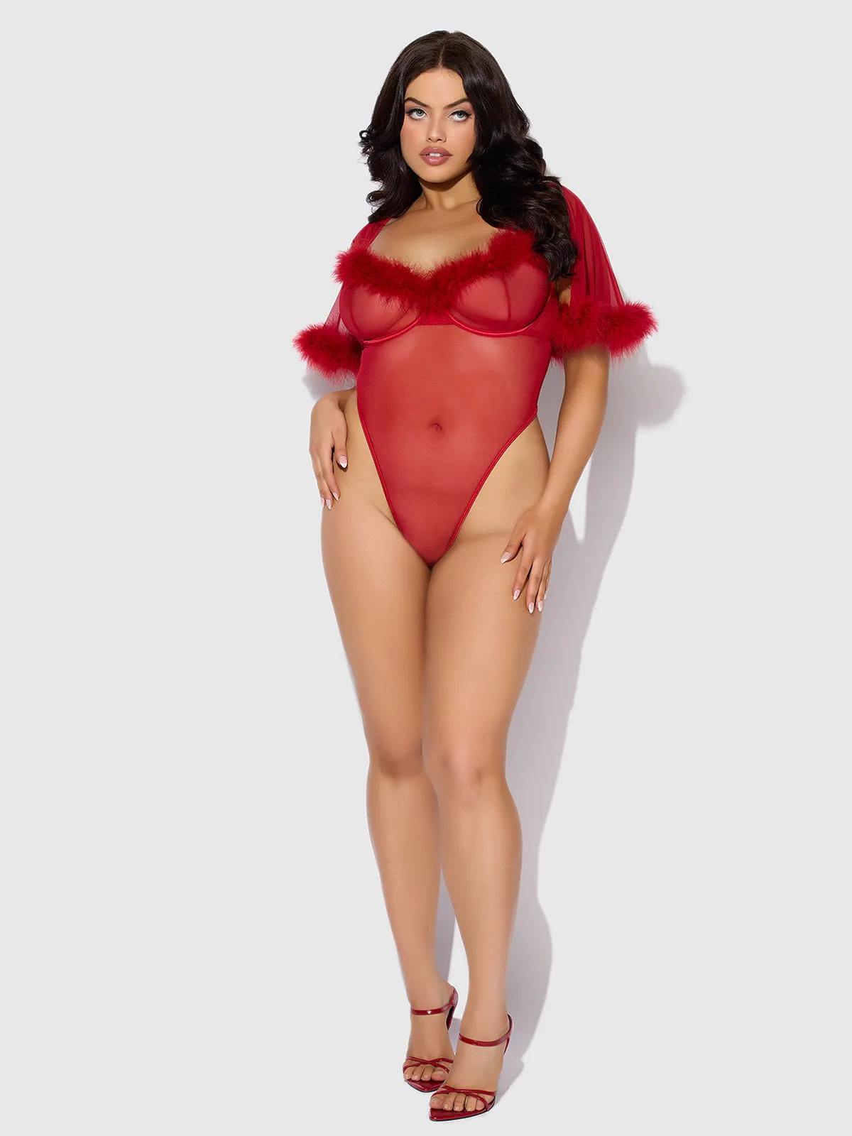 Scarlett Bell Sleeved Marabou Bodysuit by Frederick's of Hollywood