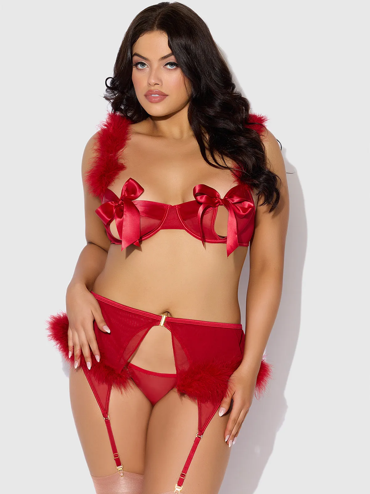 Scarlett Open Cup Marabou Bra, Garter & G-String Set by Frederick's of Hollywood