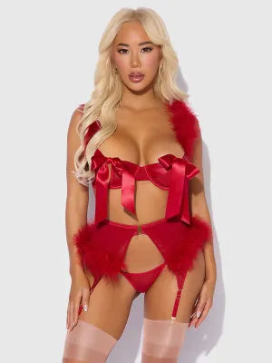 Scarlett Open Cup Marabou Bra, Garter & G-String Set by Frederick's of Hollywood