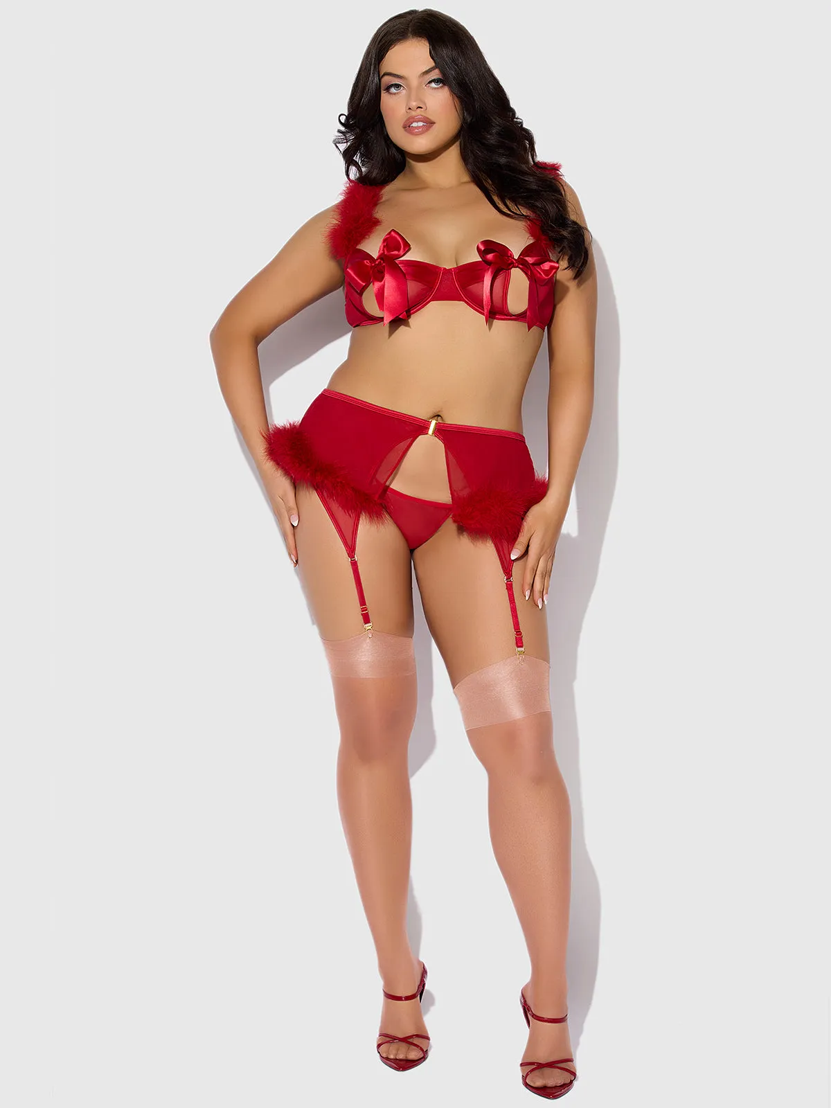 Scarlett Open Cup Marabou Bra, Garter & G-String Set by Frederick's of Hollywood