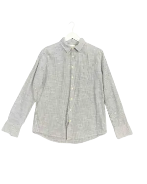 Size L | Flannel Blue and White Stripe Silk and Linen Blend Seersucker Long Sleeve Shirt
