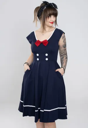 Voodoo Vixen - Catalina Red Bow Seaside Flare Navy - Dress