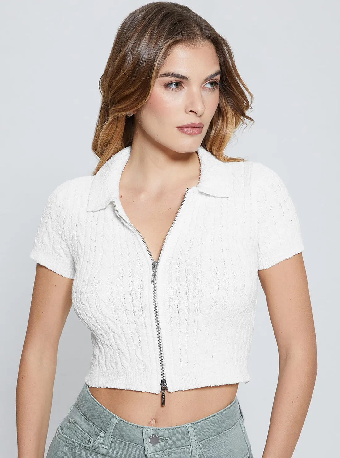 White Two Way Zip Kora Knit Top Guess