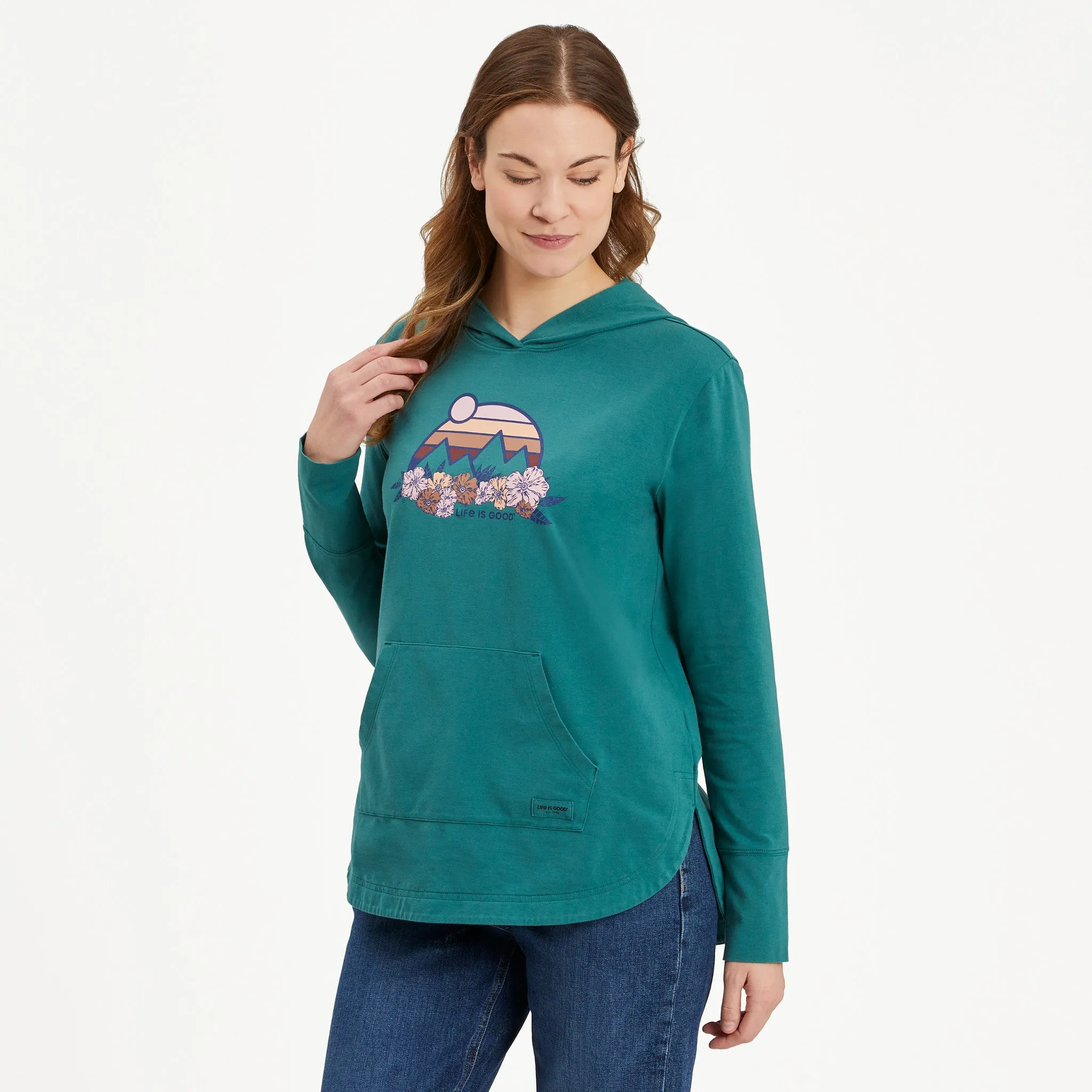 Women's Retro Mountains Floral Crusher-FLEX Hoodie Tunic LIFE IS GOOD