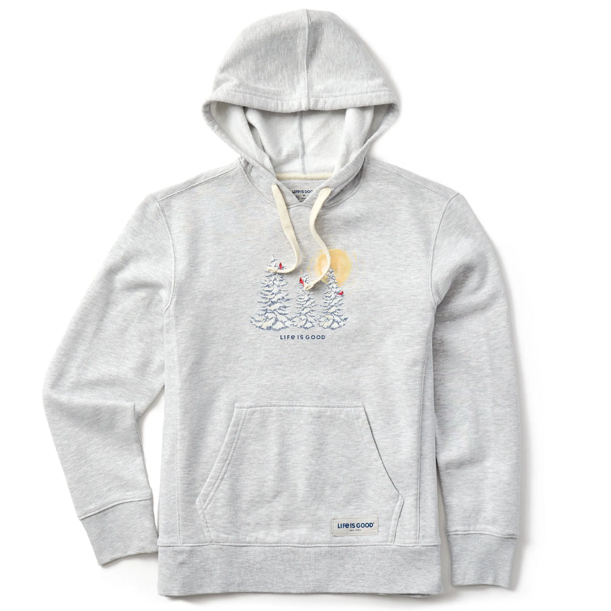 Women's Snowy Pines with Cardinals Simply True Fleece Hoodie LIFE IS GOOD