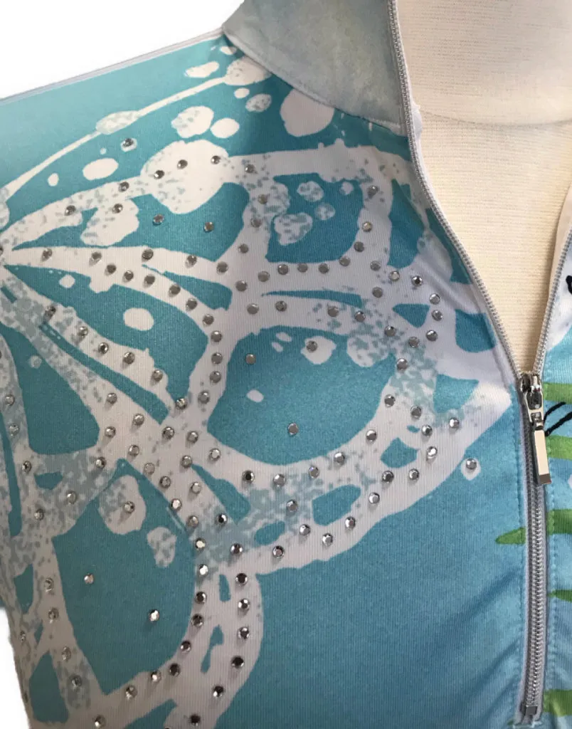 Zenergy Tropical Patterned Zip Polo in Blue, White & Green Size XL