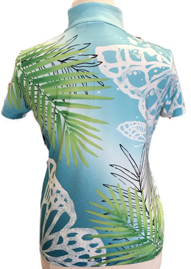 Zenergy Tropical Patterned Zip Polo in Blue, White & Green Size XL