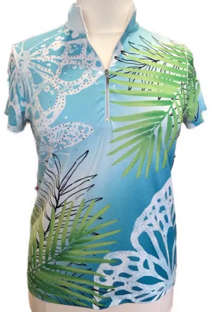 Zenergy Tropical Patterned Zip Polo in Blue, White & Green Size XL